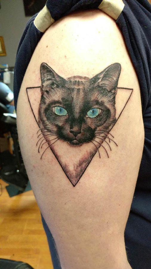 点击大图看下一张：大臂纹身图 男生大臂上三角形和猫咪纹身图片
