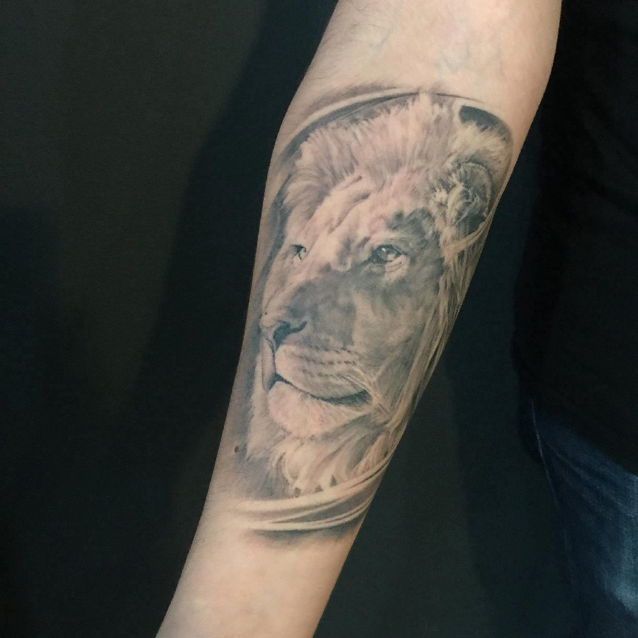 点击大图看下一张：狮子王纹身 女生手臂上黑灰的狮子纹身图片