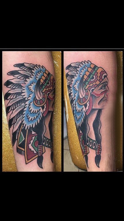 点击大图看下一张：印第安人纹身  男生手臂上彩色的印第安人纹身图片