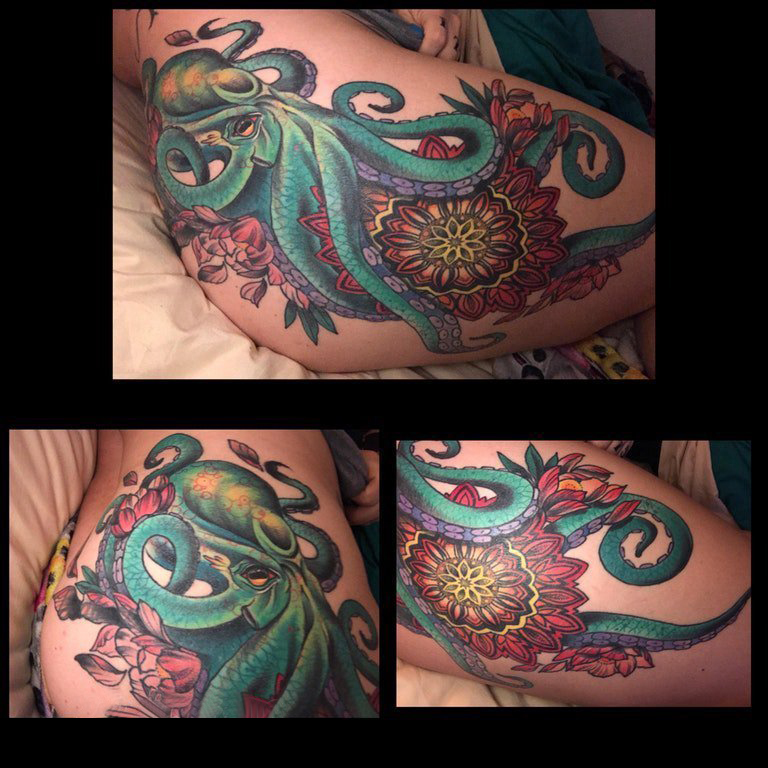 点击大图看下一张：章鱼纹身图案  女生臀部彩色的章鱼纹身图片