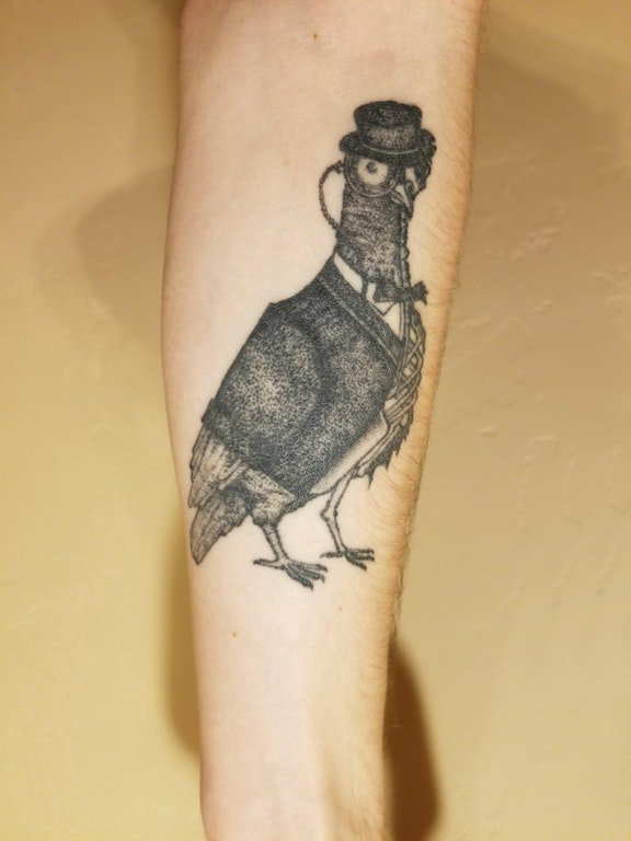 点击大图看下一张：鸽子纹身 男生手臂上黑灰的鸽子纹身图片