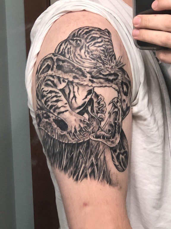 点击大图看下一张：老虎和蛇纹身图案 男生大臂上上老虎和蛇纹身图片