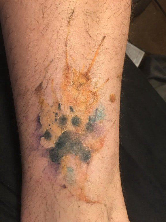点击大图看下一张：彩色泼墨纹身 男生小腿上彩色的泼墨纹身图片