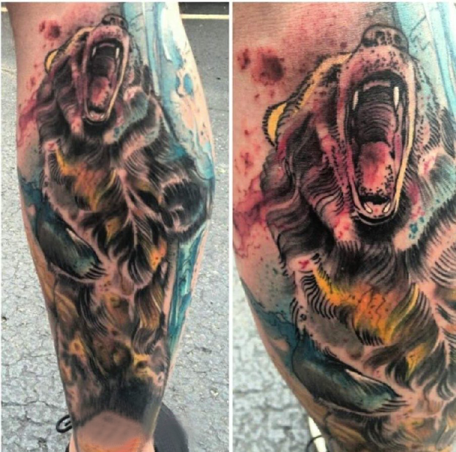 点击大图看下一张：纹身老虎  男生小腿上彩色的老虎纹身图片