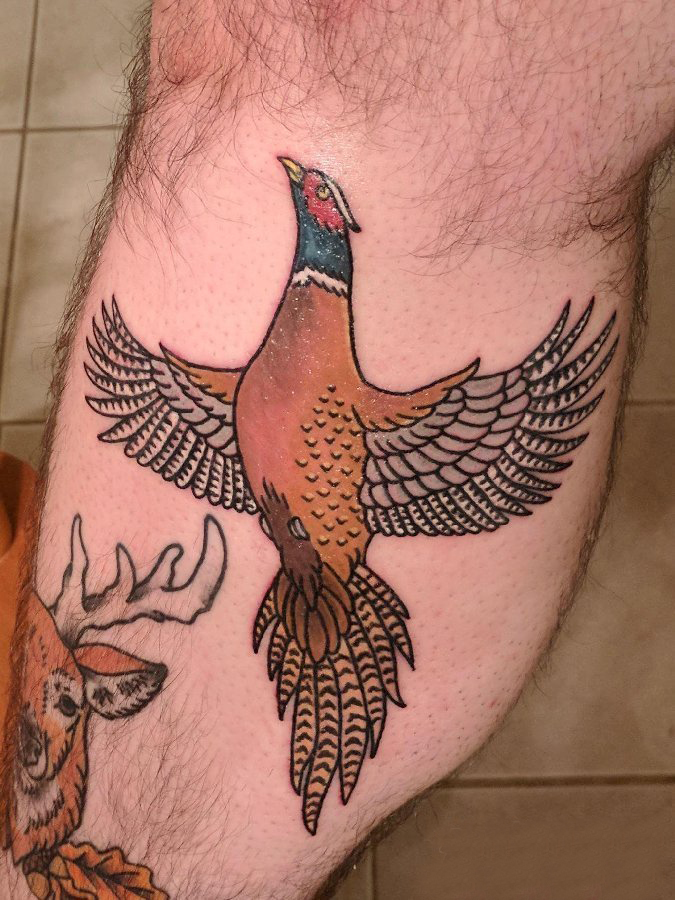 点击大图看下一张：纹身鸟 男生小腿上彩色的动物纹身图片