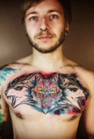 胸部纹身男 男生胸部彩色的狼头纹身图片
