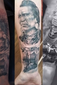 素描纹身  男生手臂上素描的黑灰人物和动物纹身图片
