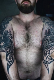 双大臂纹身 男生大臂上黑色的对称风景纹身图片
