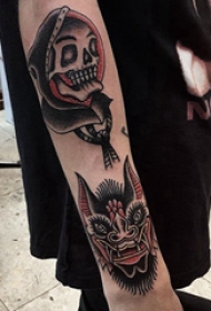 手臂纹身  男生手臂上神兽和骷髅纹身图片