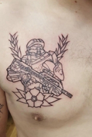 军人纹身图案  男生胸前军人和植物纹身图片