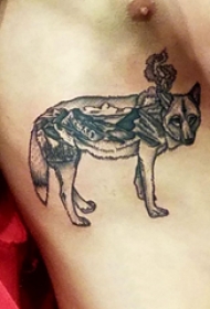 狼纹身 男生侧腰上黑灰的狼纹身图片