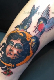 双大臂纹身  女生手臂上人物和鸟纹身图片