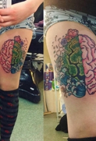 大腿传统纹身 女生大腿上彩色的大脑纹身图片