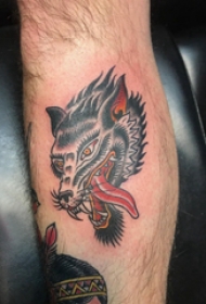 滴血狼头纹身 男生小腿上彩色的狼头纹身图片