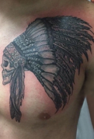 印第安人纹身 男生胸部黑色的印第安骷髅纹身图片