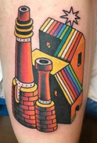 大腿纹身男 男生大腿上彩色的建筑物纹身图片