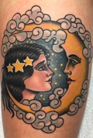 女孩和月亮纹身图案  女生大腿上女孩和月亮纹身图片