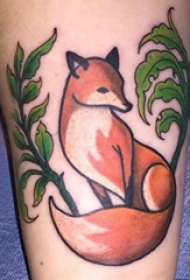 九尾狐狸纹身图片 男生小腿上植物和狐狸纹身图片
