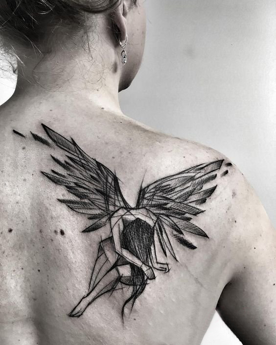 点击大图看下一张：天使纹身 多款黑灰纹身点刺技巧天使纹身图案