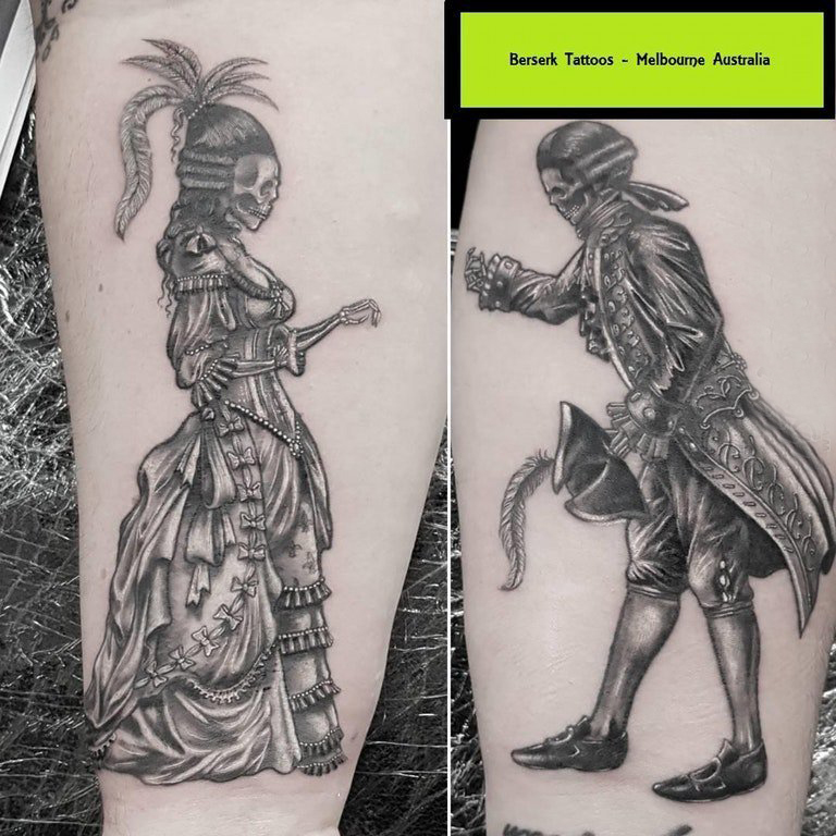 点击大图看下一张：骷髅和人物纹身图案  女生小腿上骷髅和人物纹身图片
