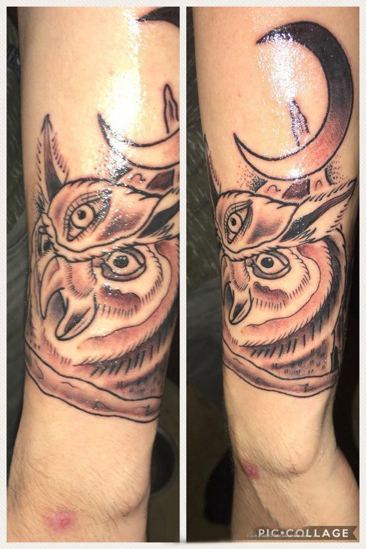 点击大图看下一张：纹身猫头鹰  男生小臂上猫头鹰和月亮纹身图片
