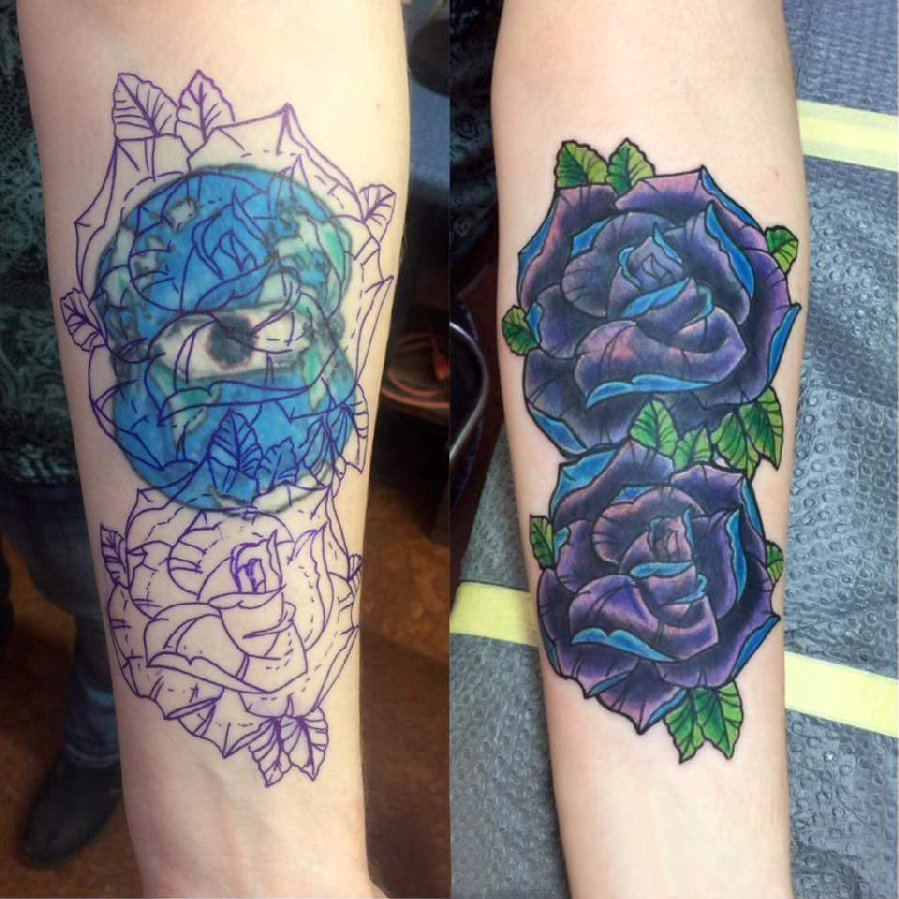 点击大图看下一张：纹身图案花朵 女生手臂上彩色渐变纹身玫瑰纹身图片