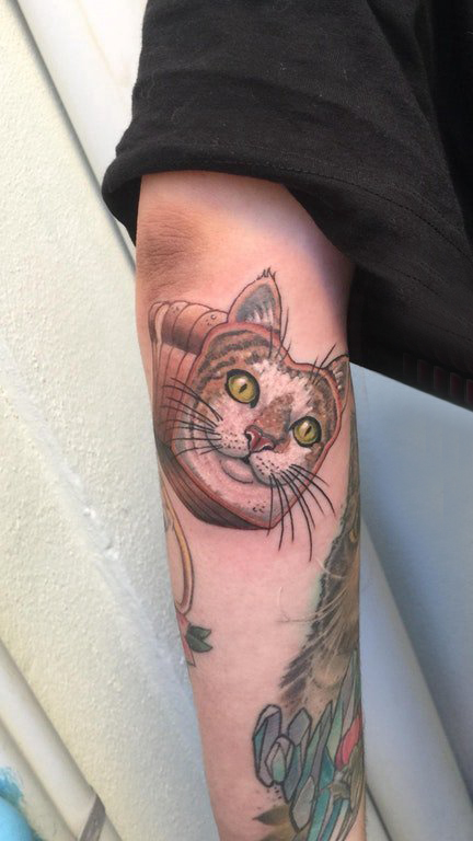 点击大图看下一张：猫咪纹身男 男生手臂上彩色的猫咪纹身图片