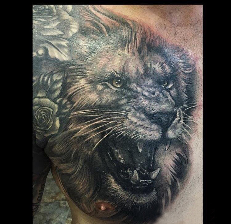 点击大图看下一张：狮子王纹身  男生胸上素描的狮子纹身图片