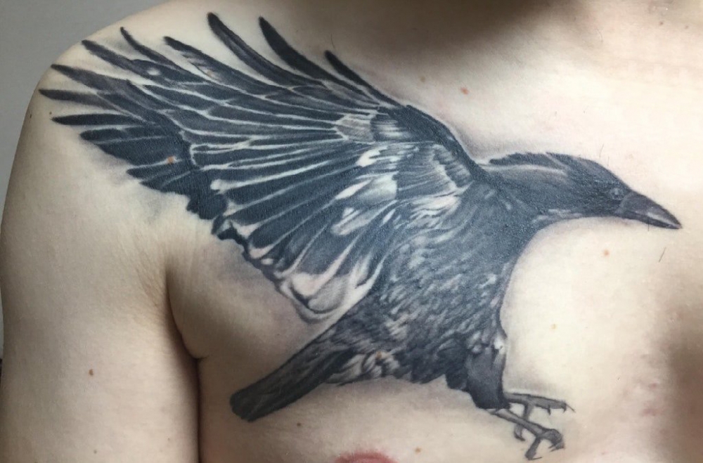 点击大图看下一张：纹身胸部男 男生胸部黑色的乌鸦纹身图片