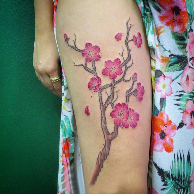 点击大图看下一张：樱花花瓣纹身 多款小清新文艺纹身彩色樱花纹身图案