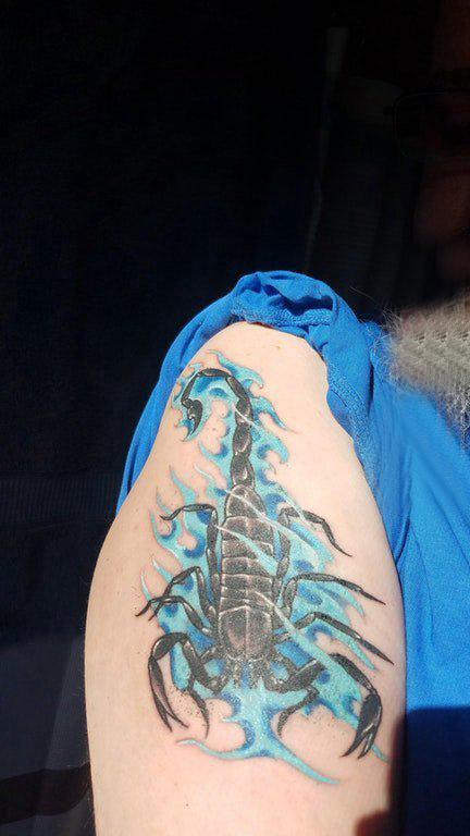 点击大图看下一张：蝎子图片纹身 女生大臂上彩色的蝎子纹身图片