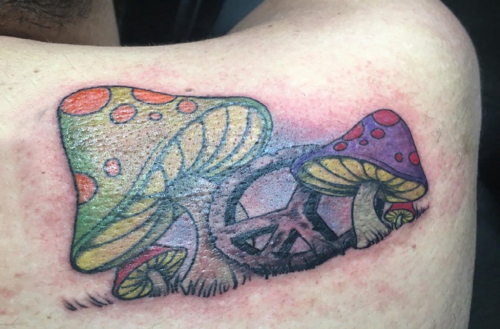 点击大图看下一张：植物纹身 男生后背上彩色的蘑菇纹身图片