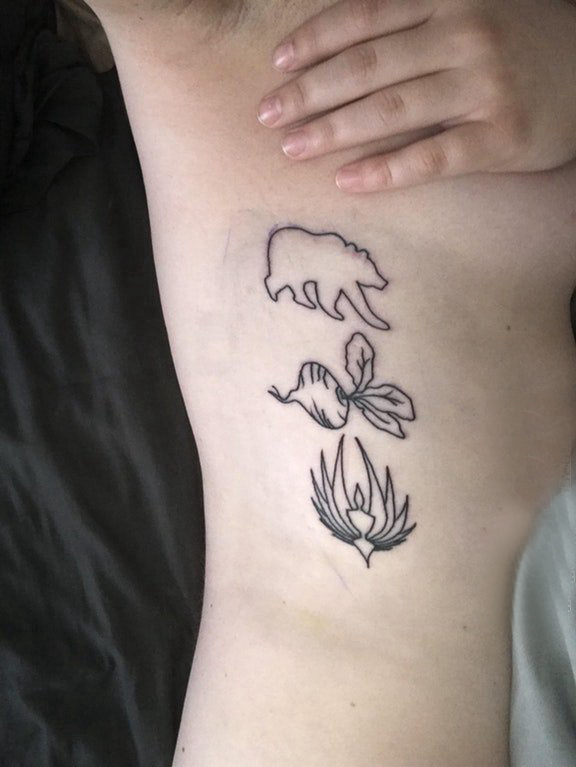 点击大图看下一张：植物纹身 女生侧腰上熊和植物纹身图片