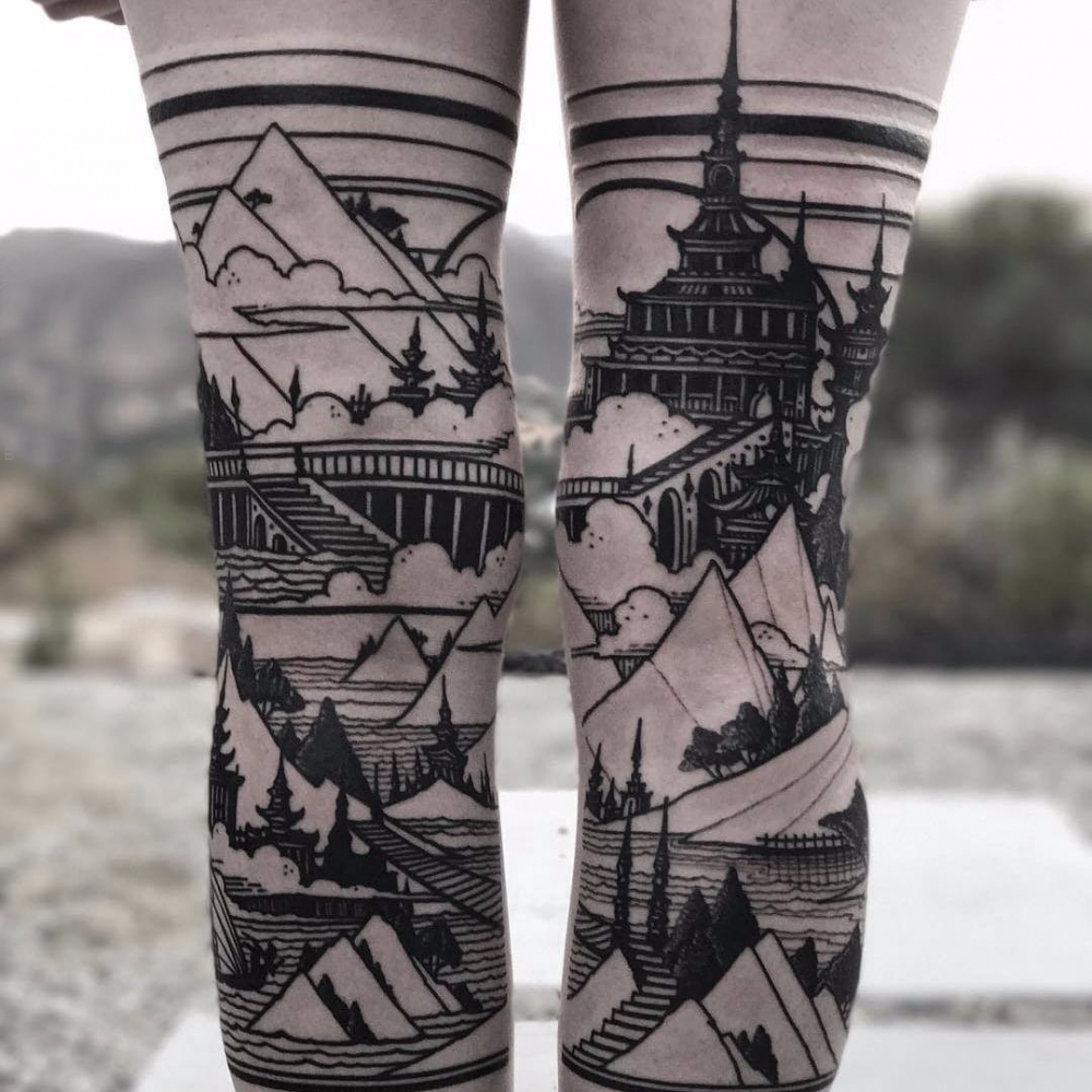 点击大图看下一张：建筑物纹身 女生小腿上黑色的建筑物纹身图片