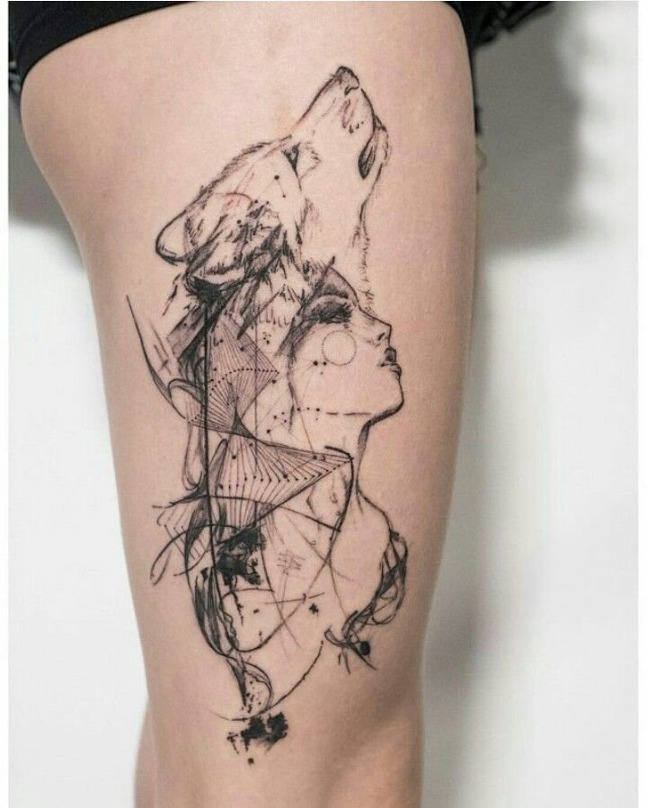 点击大图看下一张：大腿纹身传统 女生大腿上狼头和人物纹身图片