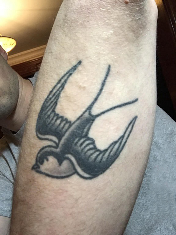 点击大图看下一张：手臂纹身素材 男生手臂上黑色的燕子纹身图片