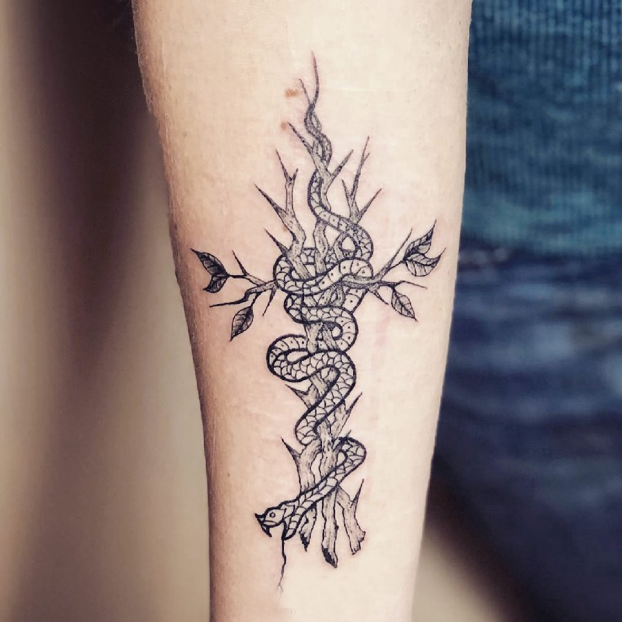点击大图看下一张：纹身蛇魔 男生手臂上枯树枝和蛇纹身图片
