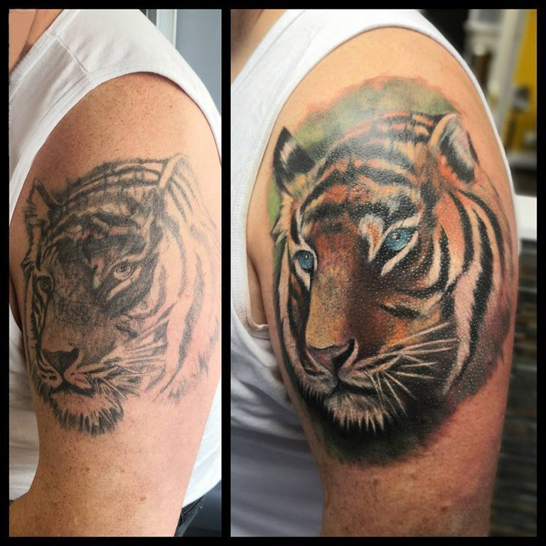 点击大图看下一张：老虎头纹身图案  男生大腿上素描的老虎头纹身图片