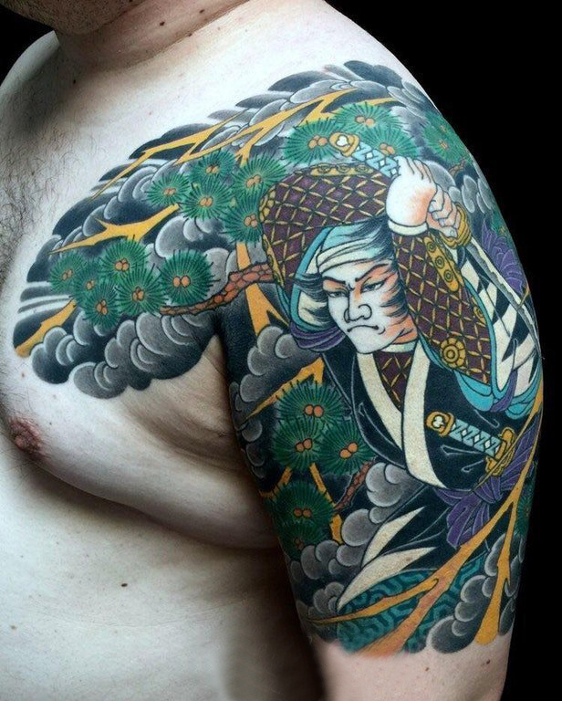 点击大图看下一张：纹身日式  男生大臂上彩绘的日式纹身图片