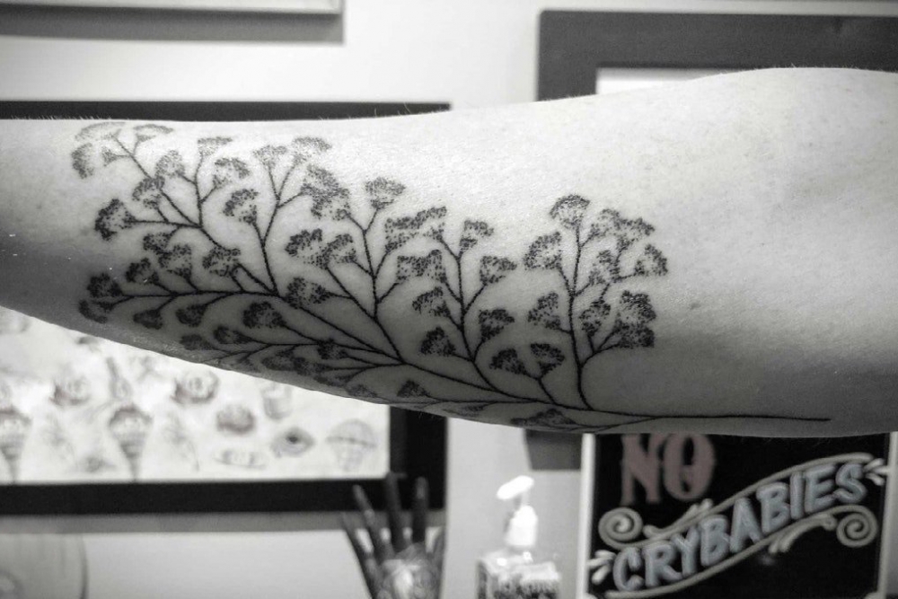 点击大图看下一张：植物纹身  女生手臂上黑灰的植物纹身图片