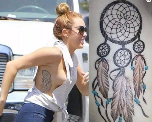 点击大图看下一张：美国纹身明星  Miley Cyrus侧腰上的捕梦网纹身图片