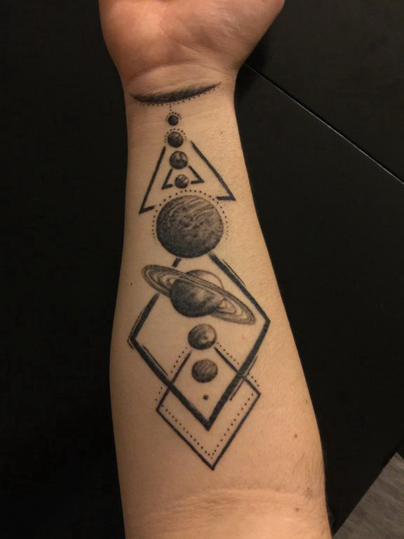 点击大图看下一张：纹身星球  女生手臂上黑灰的星球纹身图片