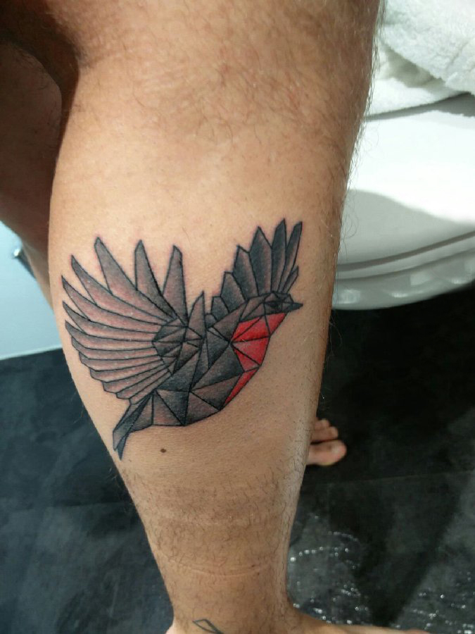点击大图看下一张：几何动物纹身 男生小腿上彩色的小鸟纹身图片