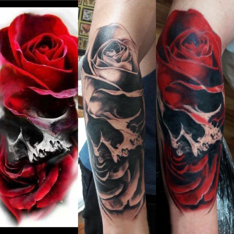 点击大图看下一张：玫瑰与骷髅纹身图片  女生手臂上玫瑰与骷髅纹身图片