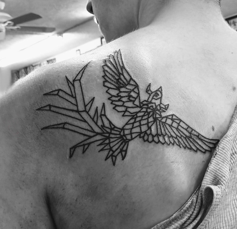 点击大图看下一张：几何动物纹身 男生后背上黑色的凤凰纹身图片