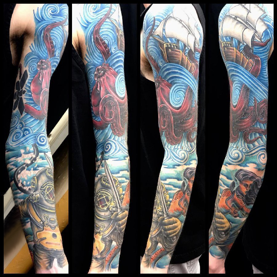 点击大图看下一张：欧美花臂纹身  男生手臂上浪花和帆船纹身图片