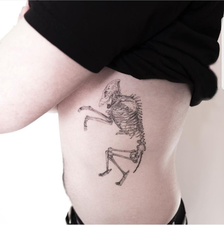 点击大图看下一张：骨头纹身 女生侧腰上黑灰的骨架纹身图片