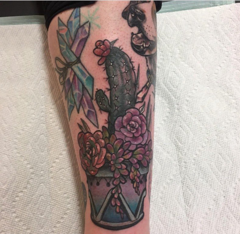点击大图看下一张：仙人掌纹身 女生小腿上多肉植物和仙人掌纹身图片