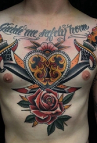 玫瑰匕首纹身  男生胸上玫瑰和匕首纹身图片