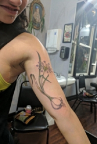 水仙花纹身图案  女生大臂上黑灰的水仙花纹身图片